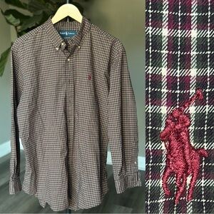 Ralph Lauren Mens L Classic Fit Brown Cream Black Burgundy Red Green Plaid Shirt